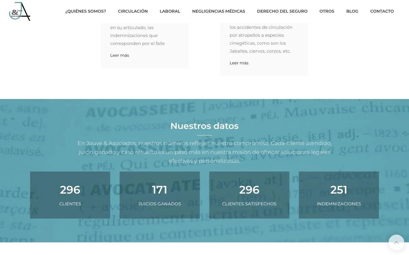 Contadores animados de clientes, juicios ganados e indemnizaciones