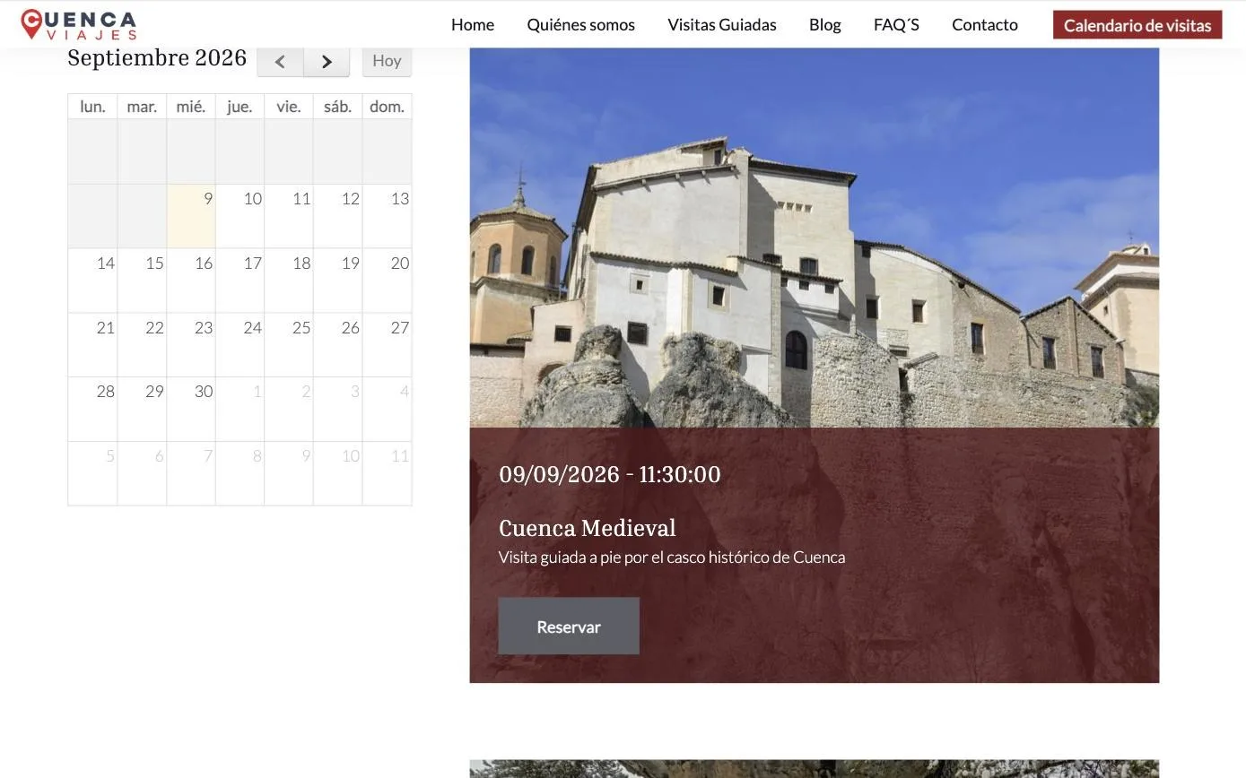 Calendario mensual con las salidas programadas y botón de reserva