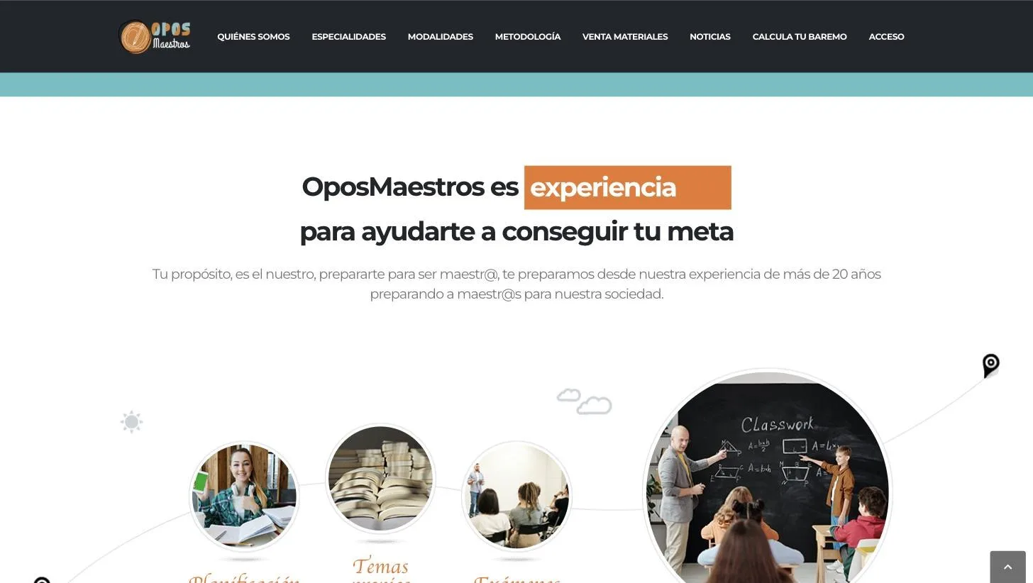 Portada de oposmaestros.com con el reclamo de más de 20 años de experiencia