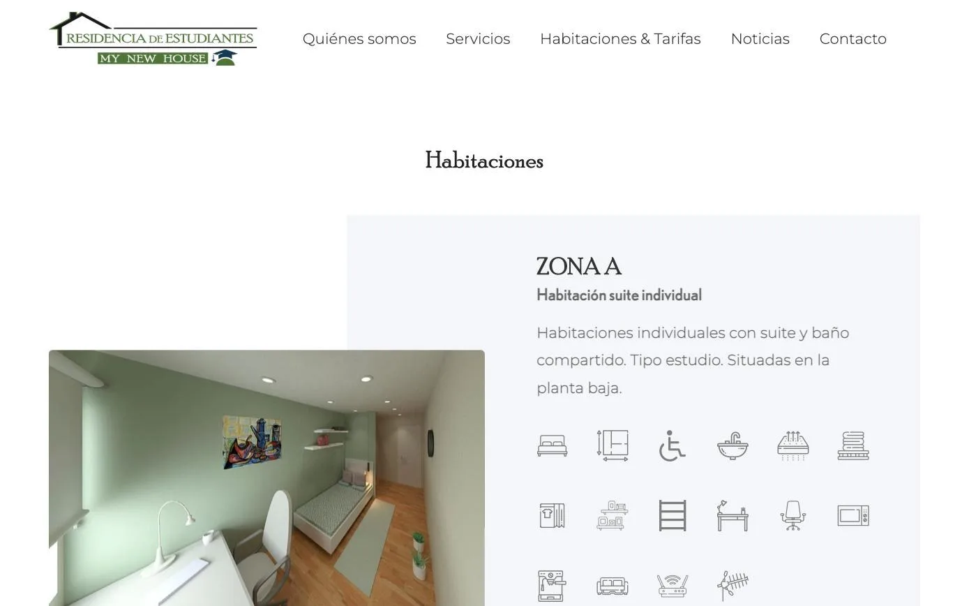 Zona A con tipología, iconos de equipamiento e imagen de la habitación