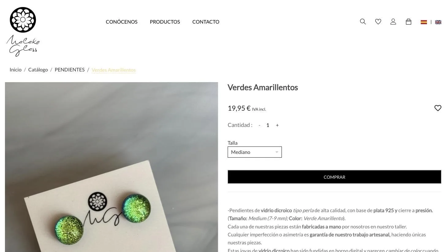 Ficha con selector de talla, favoritos y descripción del material