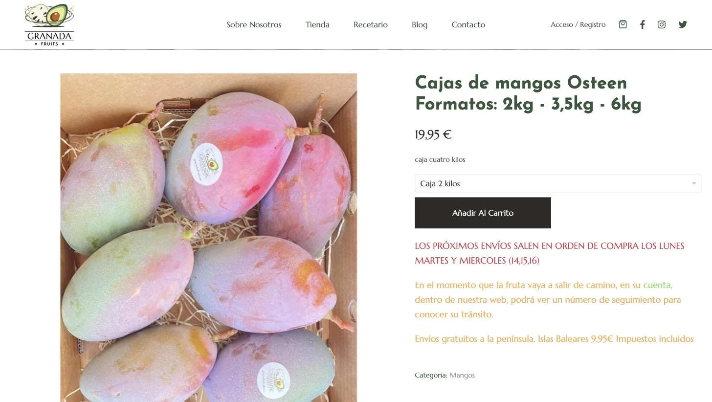Caja de mangos Osteen con selector de peso, avisos de envío y seguimiento