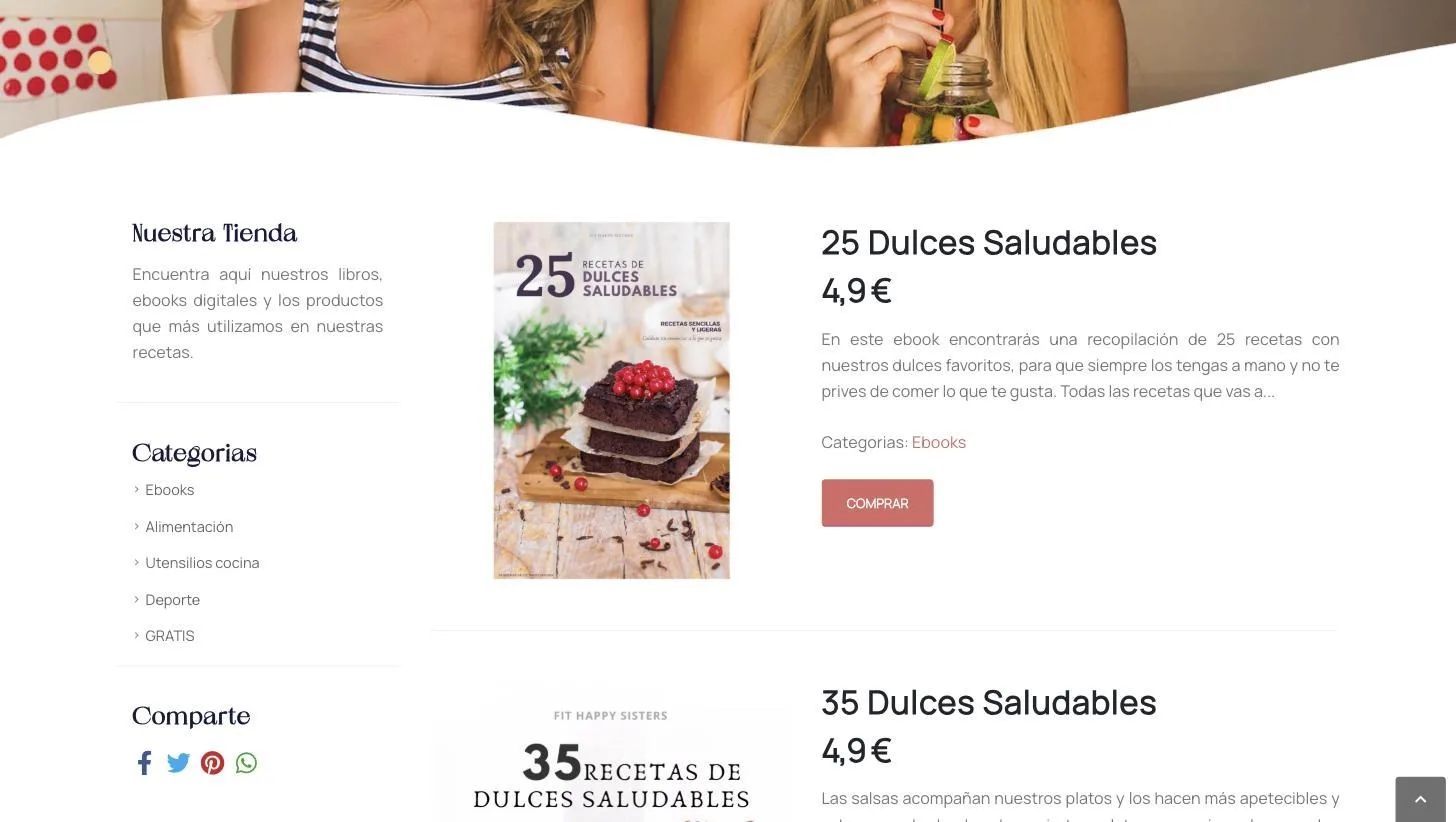 Tienda con ebooks, utensilios y categorías de producto