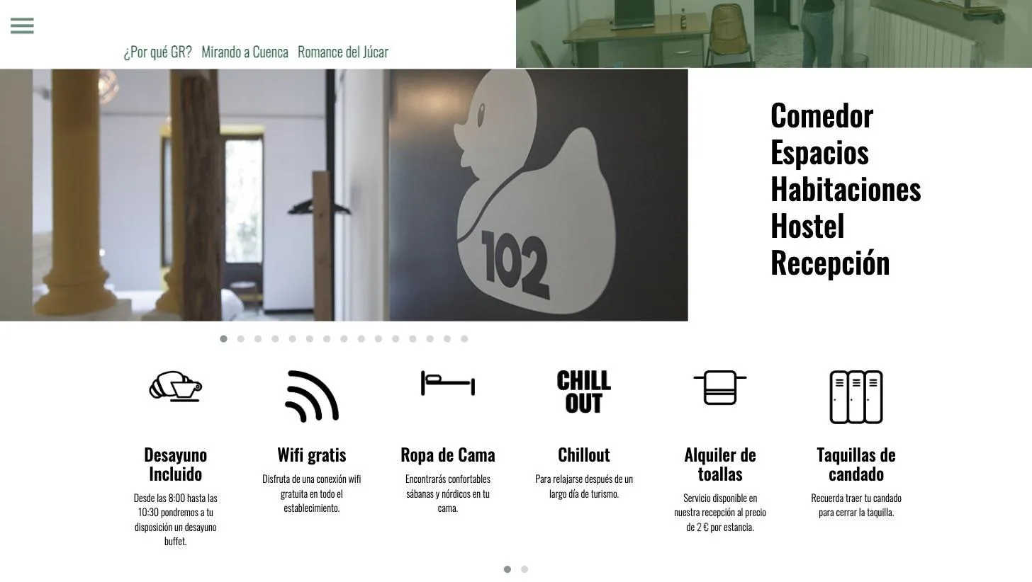 Rejilla de servicios con precios y horarios, y navegación por espacios