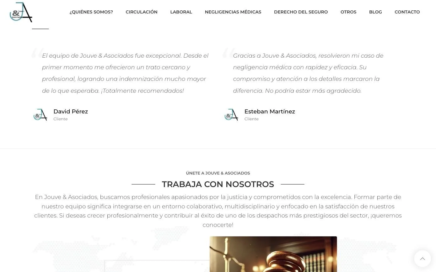 Testimonios de clientes y sección Trabaja con nosotros