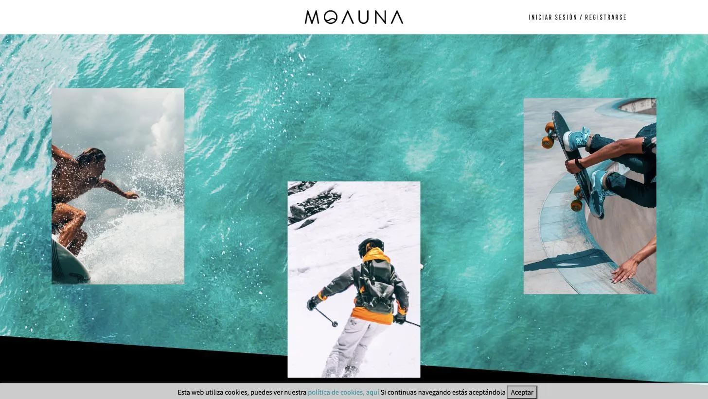 Portada de moauna.es con los tres medios: agua, montaña y asfalto