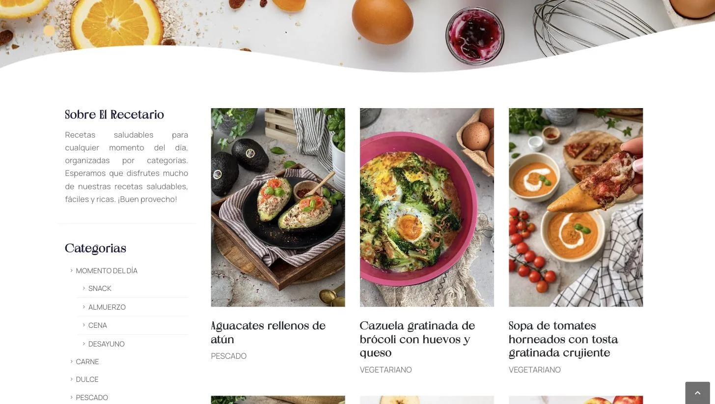 Recetario con navegación por categorías y rejilla de recetas