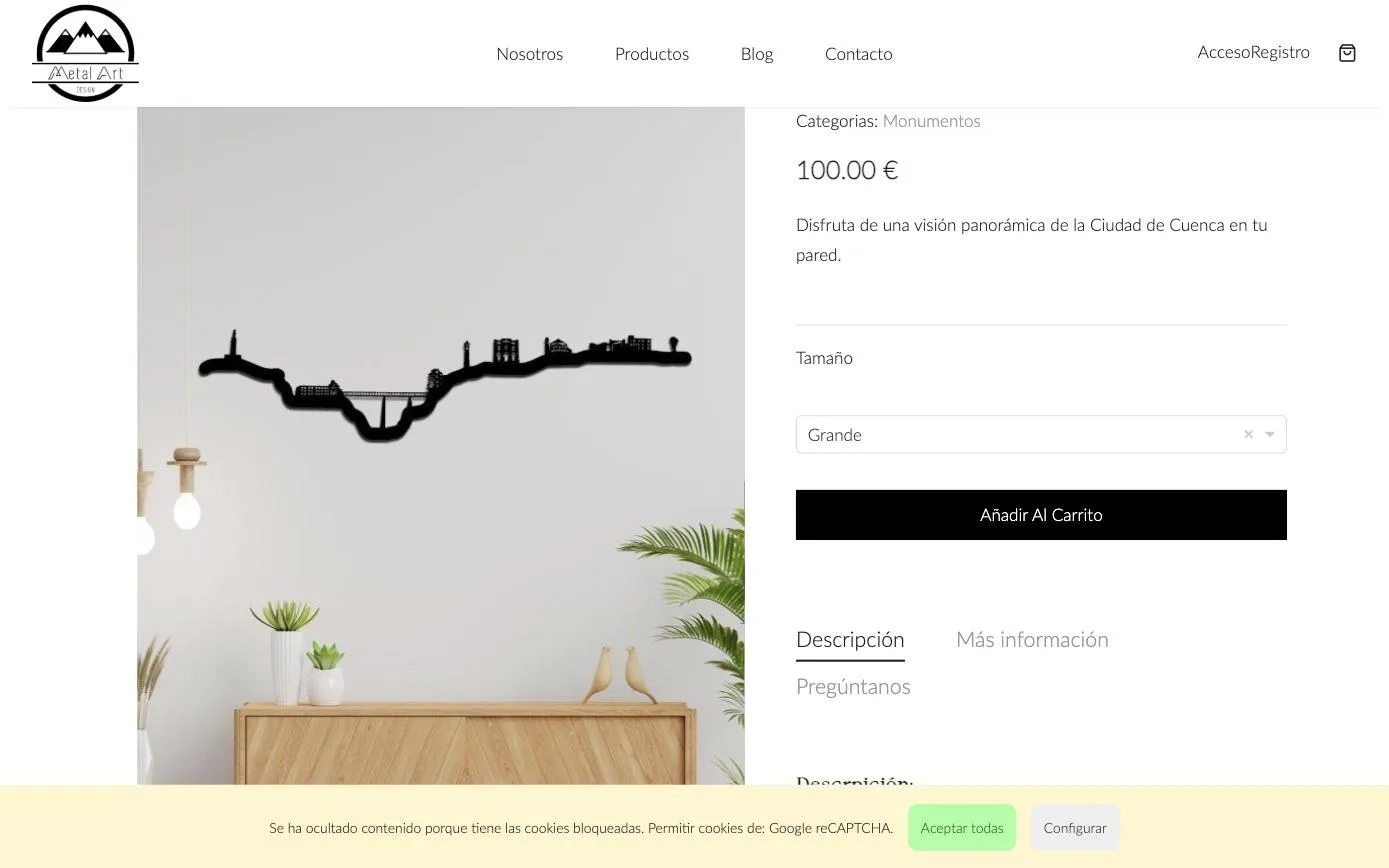 Ficha con selector de tamaño, precio y pestañas de información
