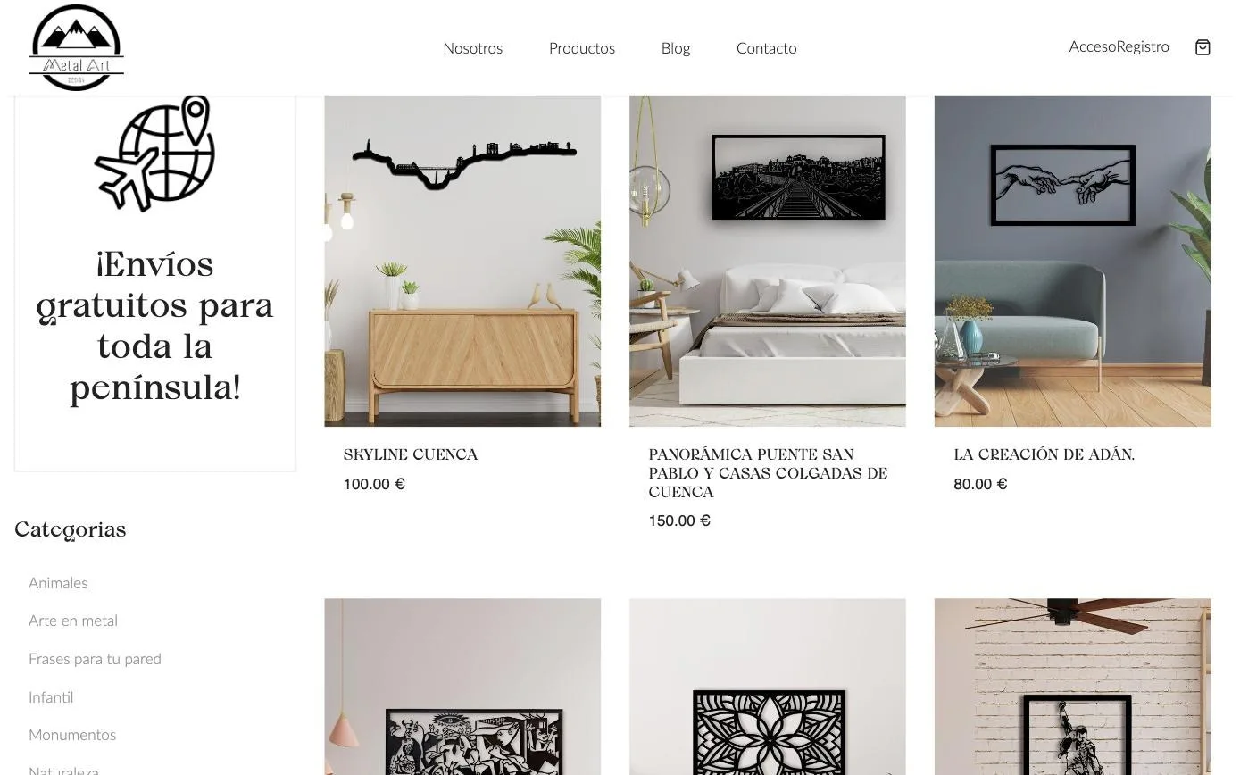 Listado de tienda con filtro de categorías y aviso de envíos gratuitos