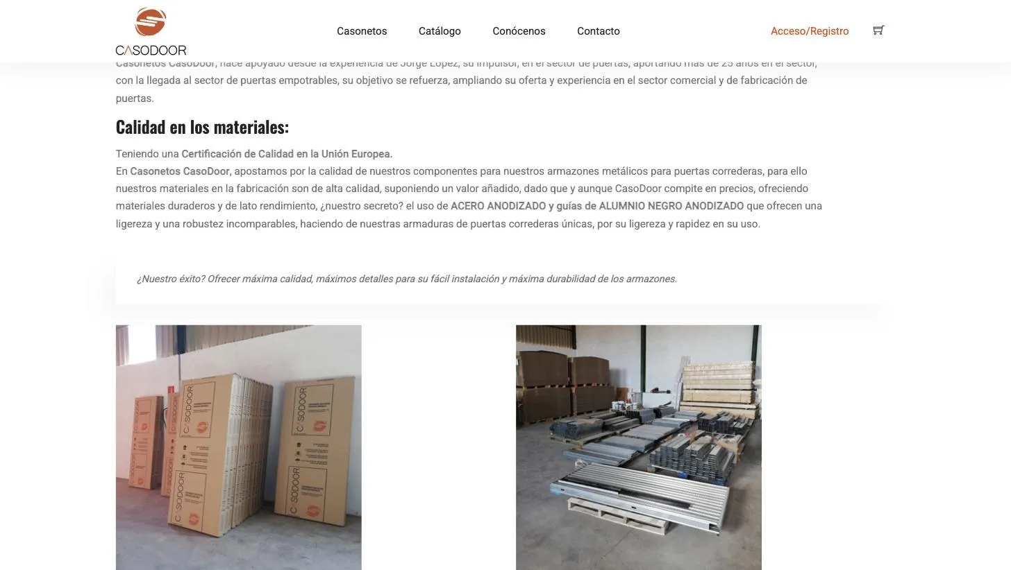 Página de empresa con los argumentos de material y calidad