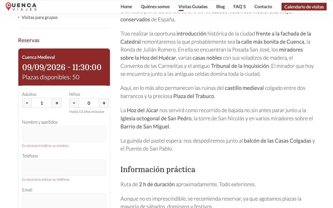 Ficha de visita con plazas disponibles, contadores de adultos y niños y datos del reservante