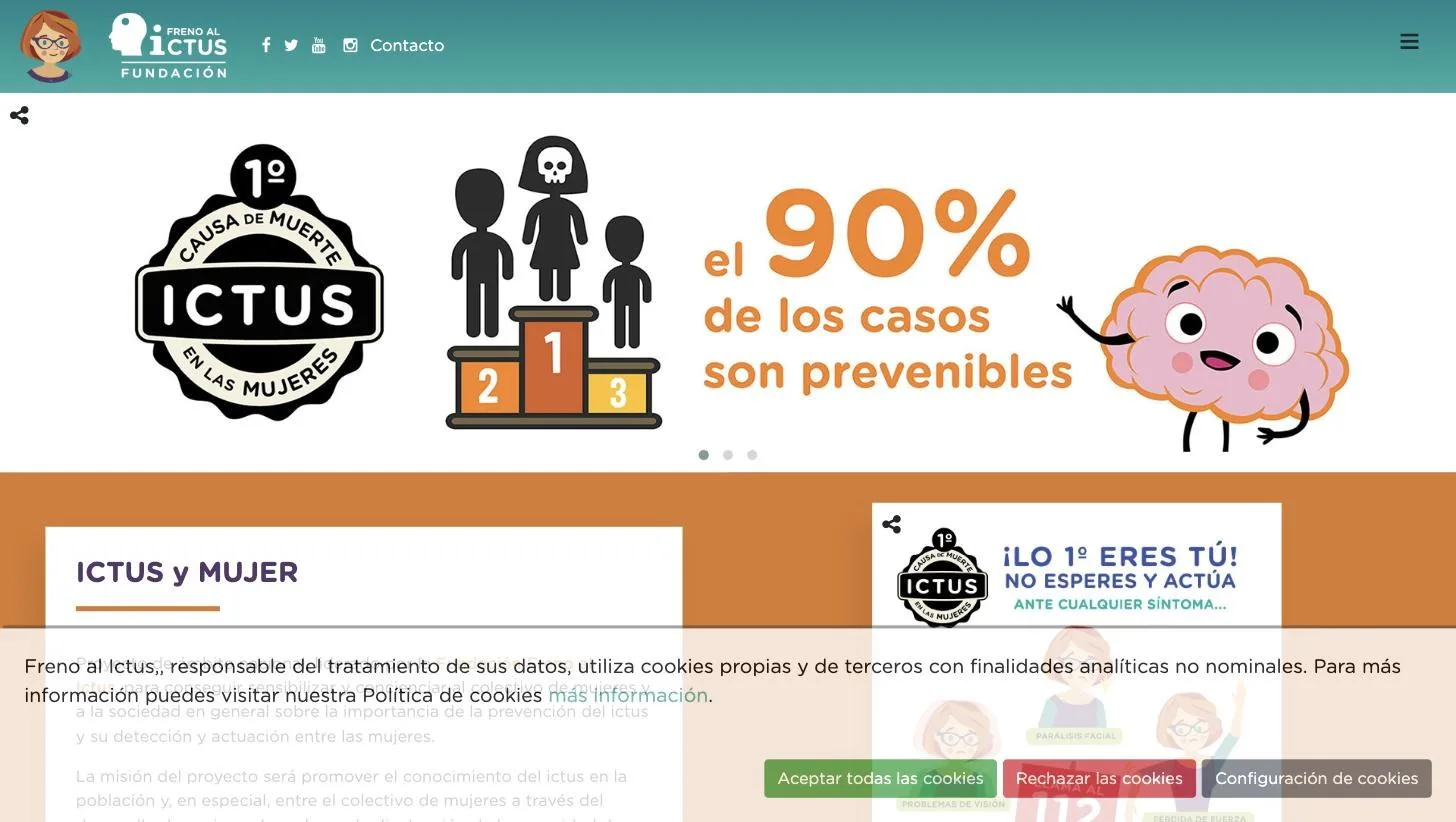 Portada de ictusymujer.org con el dato del 90 % de casos prevenibles