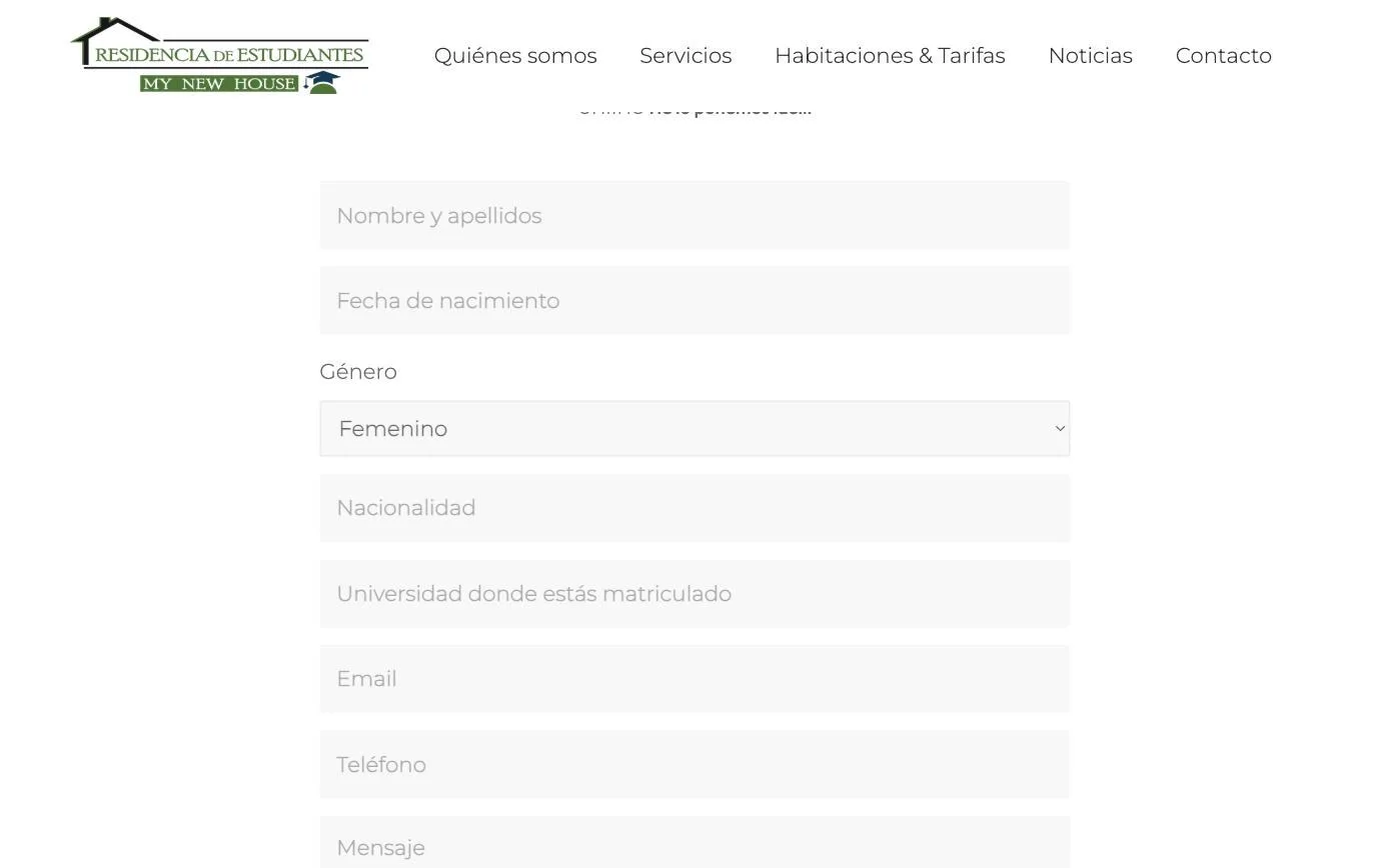 Formulario con fecha de nacimiento, nacionalidad, universidad y tipo de habitación