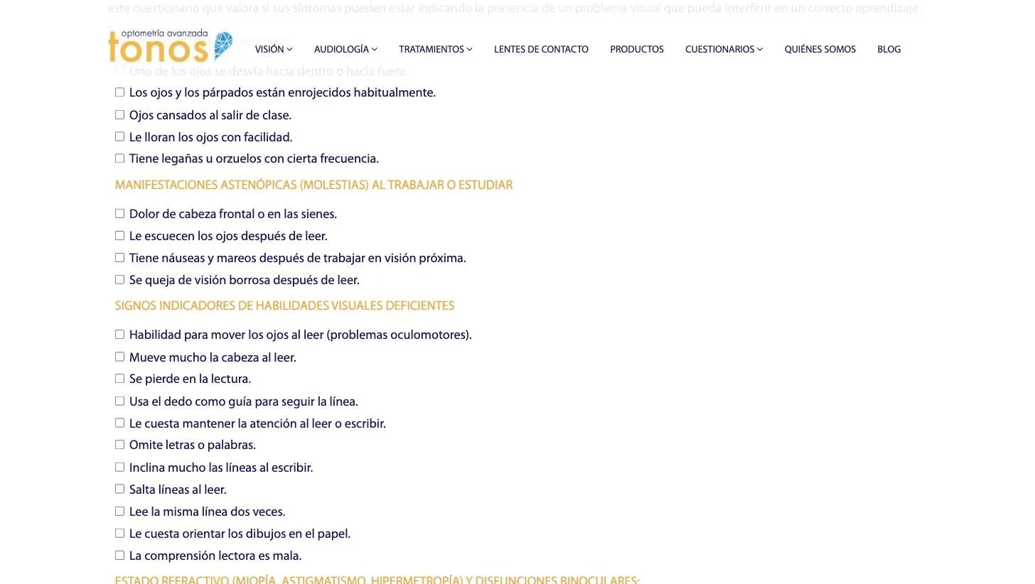 Cuestionario de aprendizaje visual con indicadores agrupados por bloques