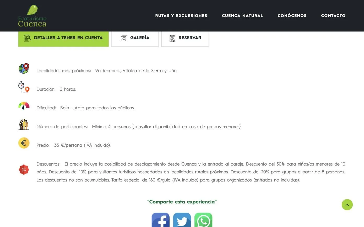 Pestañas de detalles, galería y reserva con duración, dificultad, precio y descuentos