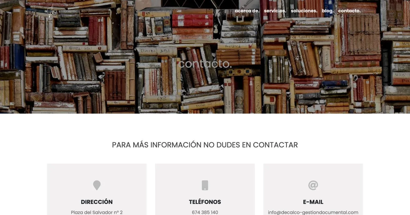 Página de contacto con los bloques de dirección, teléfonos y correo