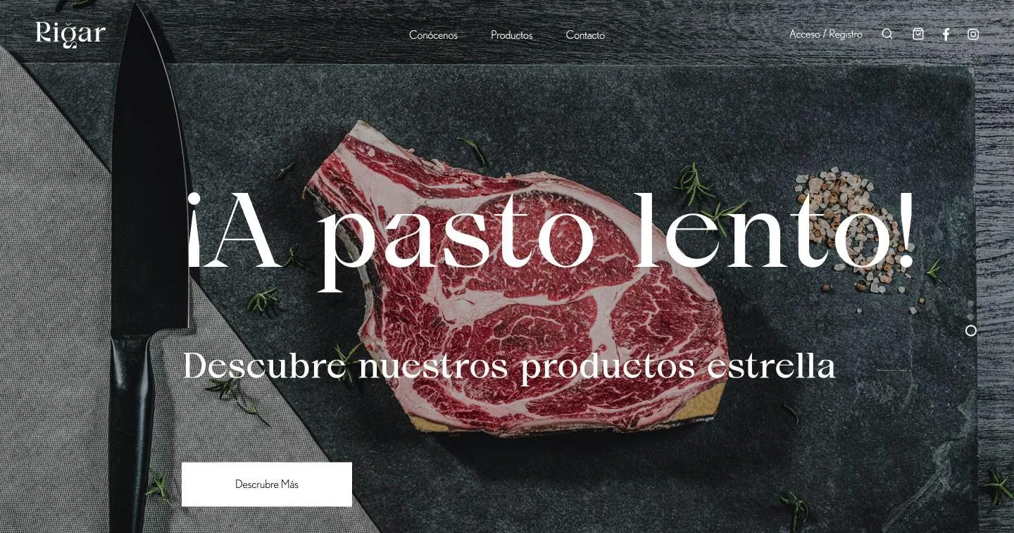 Carrusel a pantalla completa con el chuletón sobre pizarra y el rótulo «¡A pasto lento!»