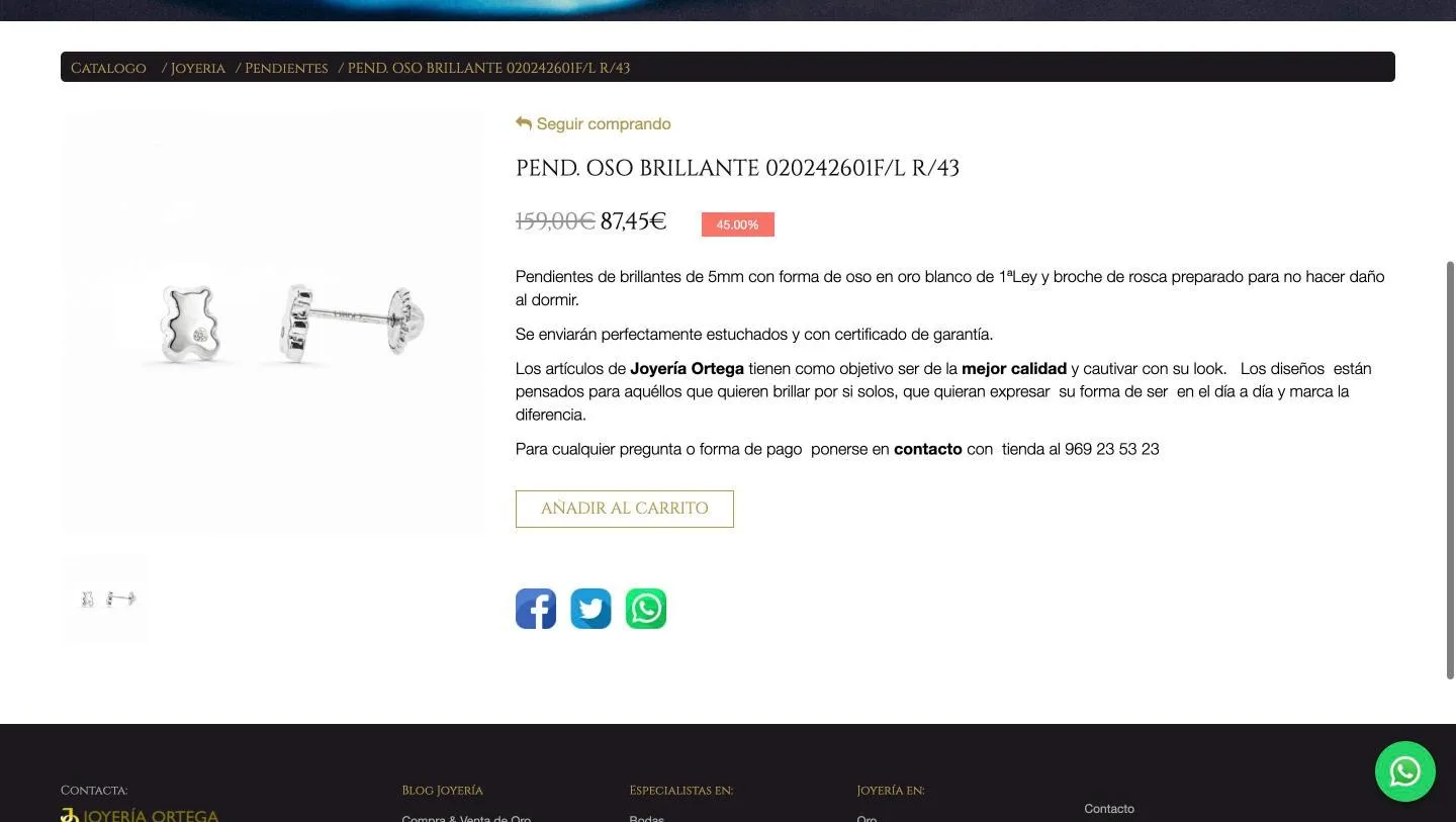 Ficha con galería, precio con descuento, descripción y compartir
