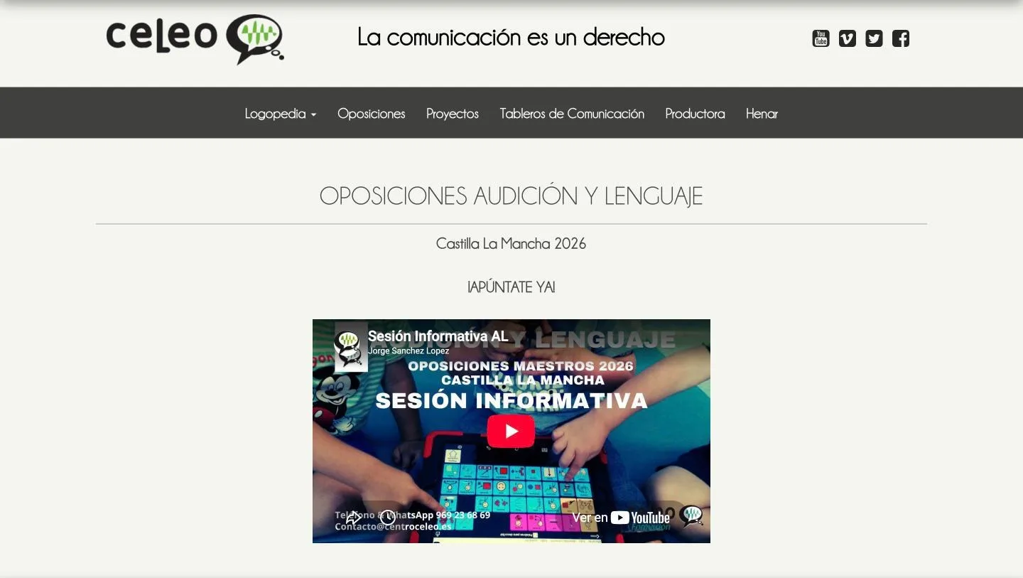 Portada de centroceleo.es con la campaña de oposiciones y el vídeo informativo