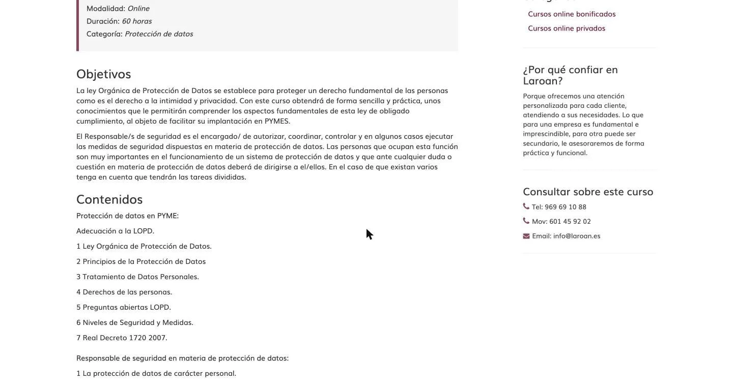 Ficha con modalidad, duración, objetivos y contenidos