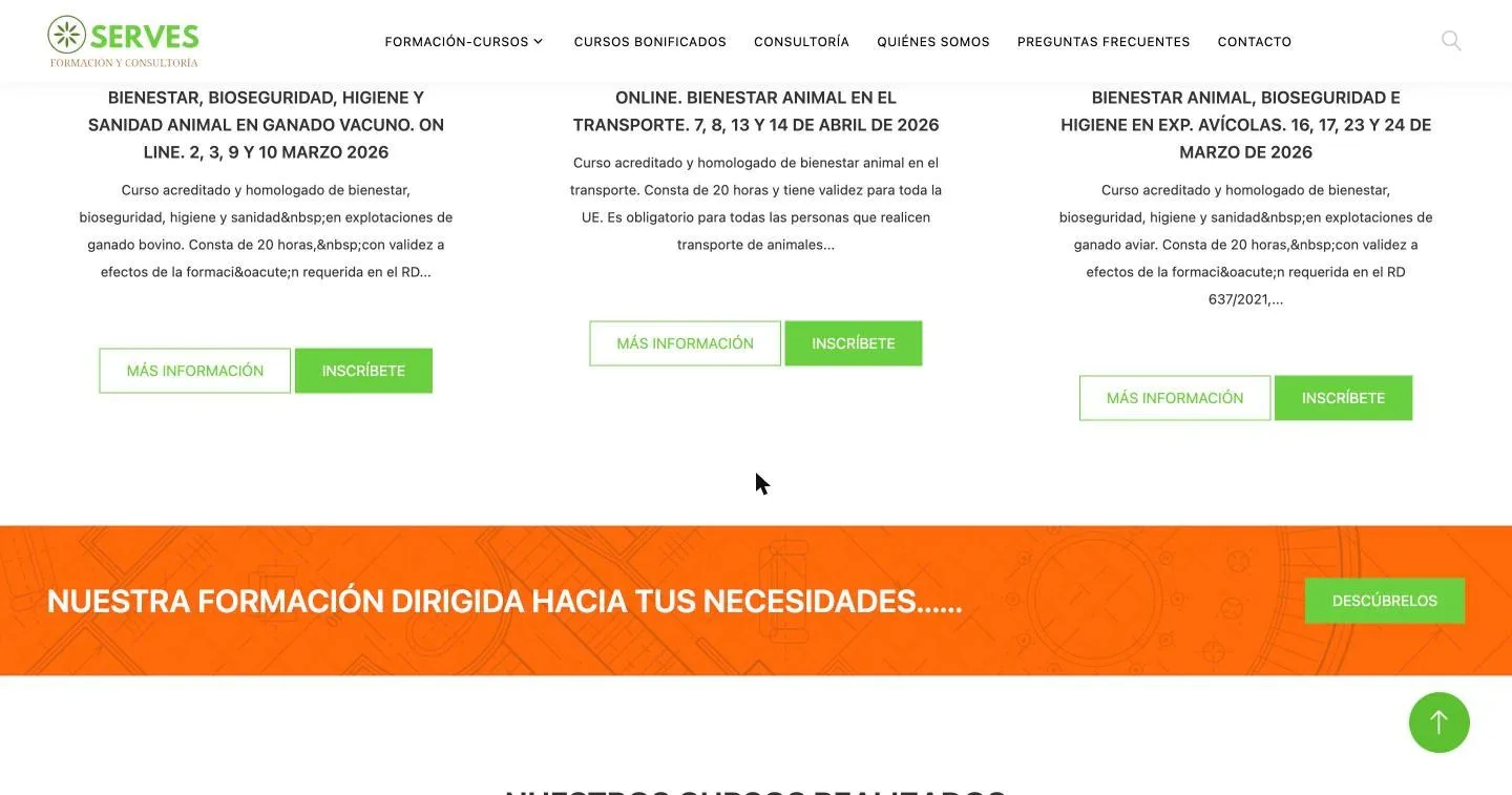Tarjetas de curso con fechas, resumen y doble llamada a la acción