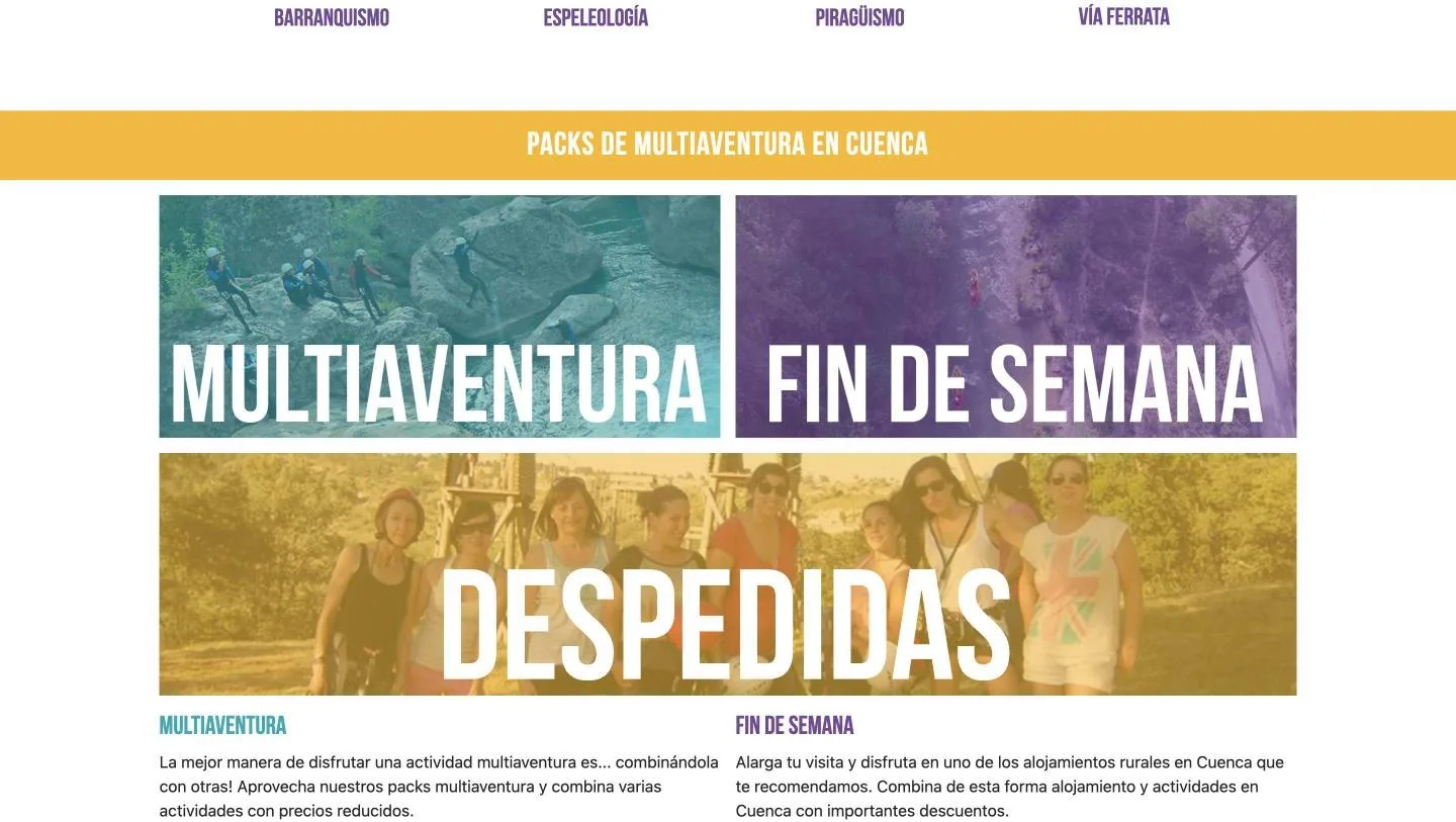 Las tres líneas de pack: multiaventura, fin de semana y despedidas