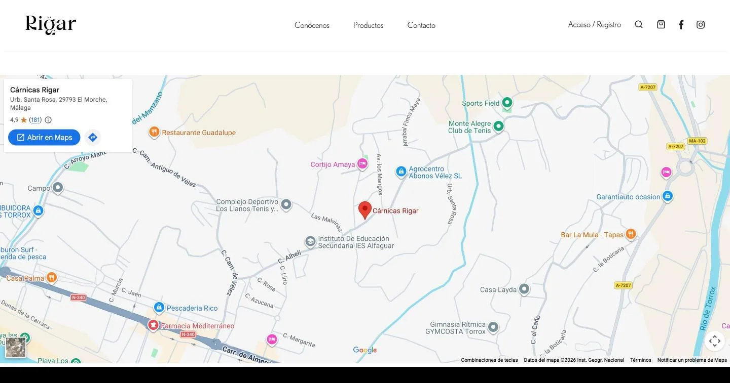 El mapa sitúa la empresa en El Morche (29793) y da 4,9 estrellas sobre 181 reseñas