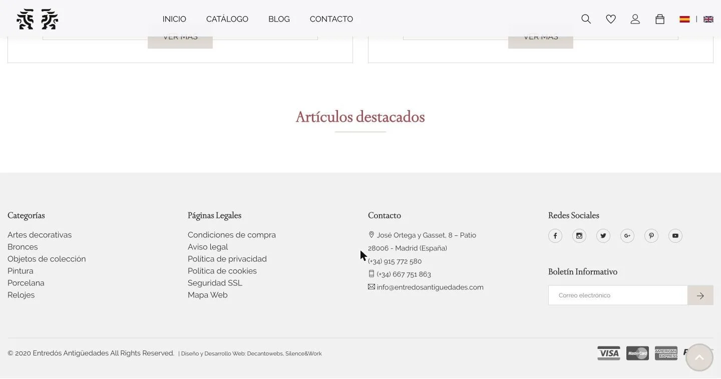 Categorías, páginas legales, contacto, redes con Google+ y medios de pago