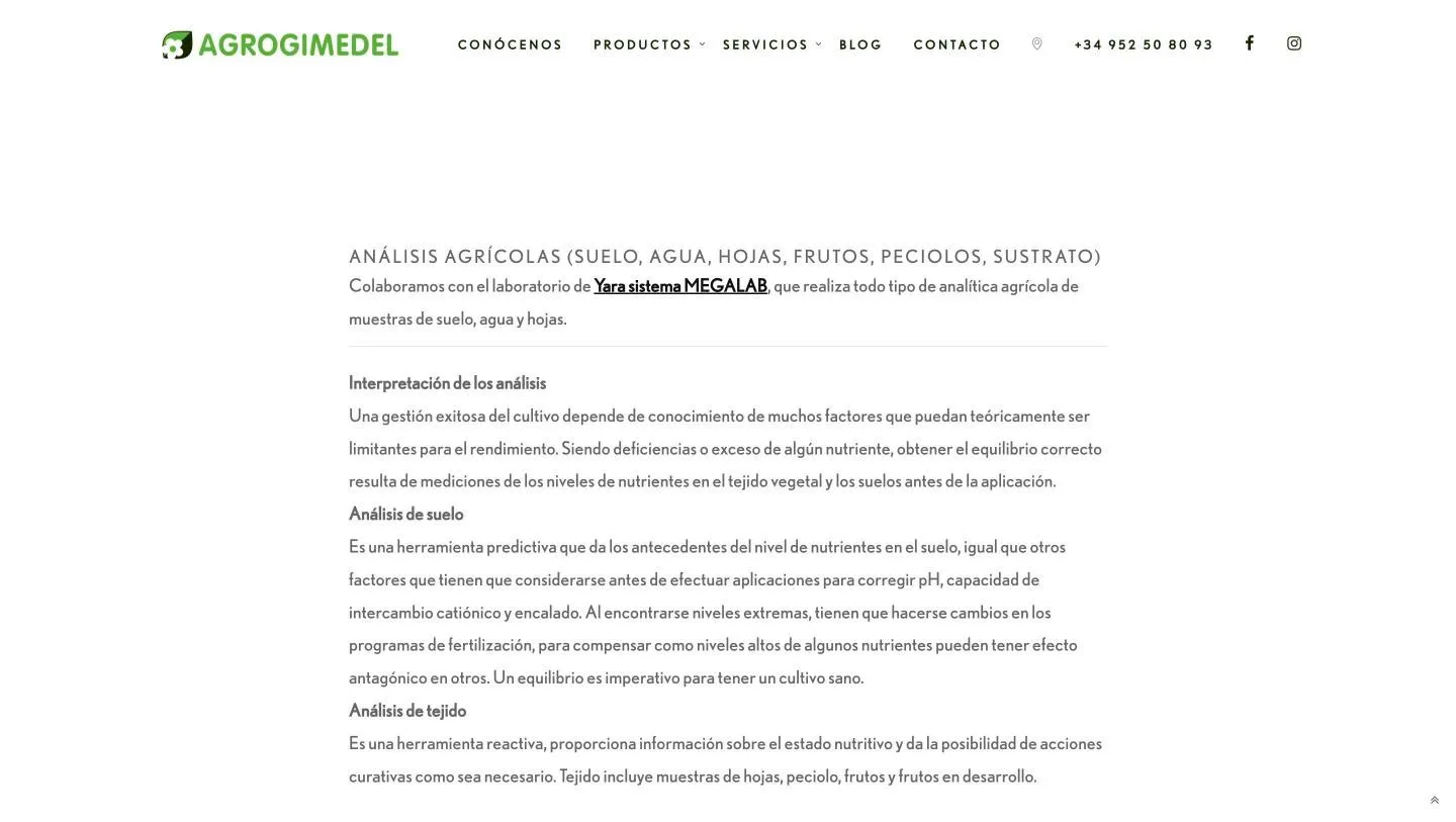 Página de servicio con la interpretación de análisis de suelo y de tejido