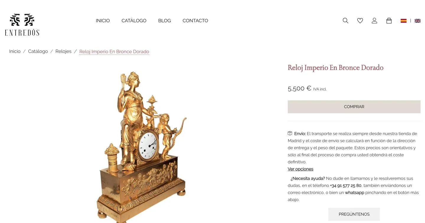 Reloj imperio en bronce dorado: precio con IVA, compra, envío y acceso a WhatsApp