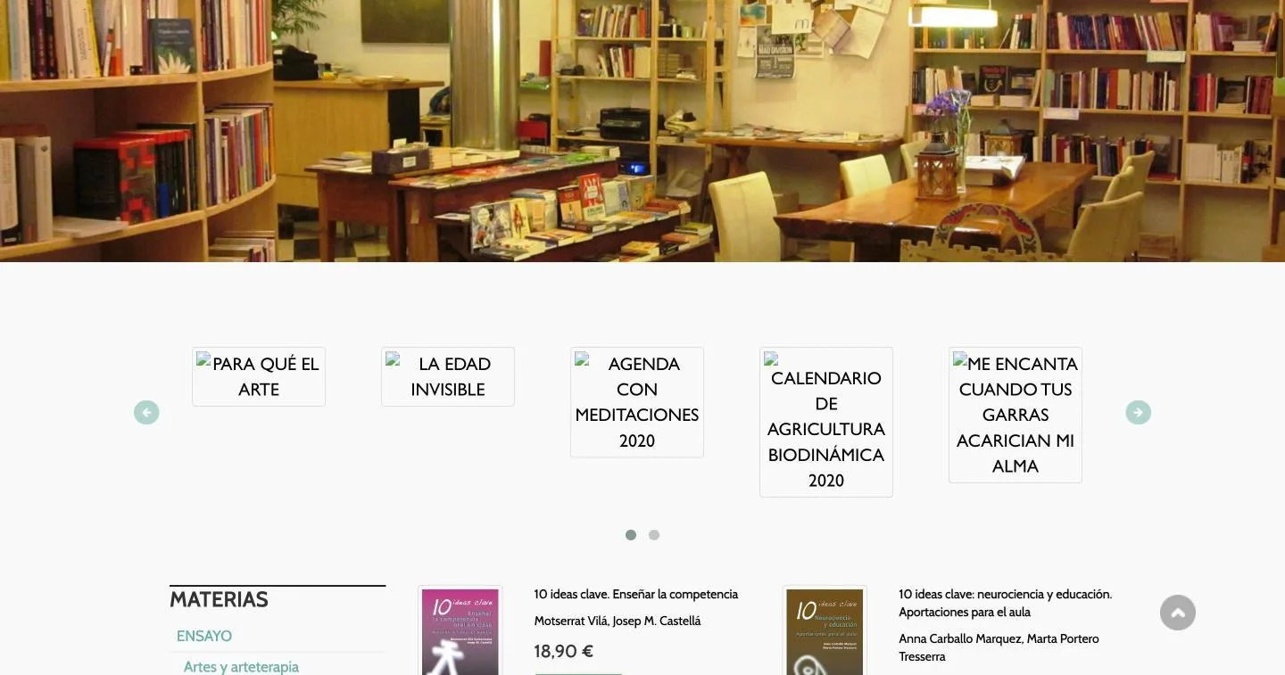 Cabecera con el logotipo, fotografía del interior de la librería y carrusel de destacados