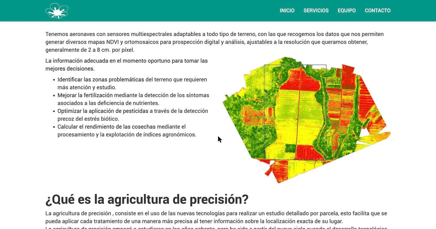 Página de servicio con mapa NDVI y aplicaciones agronómicas