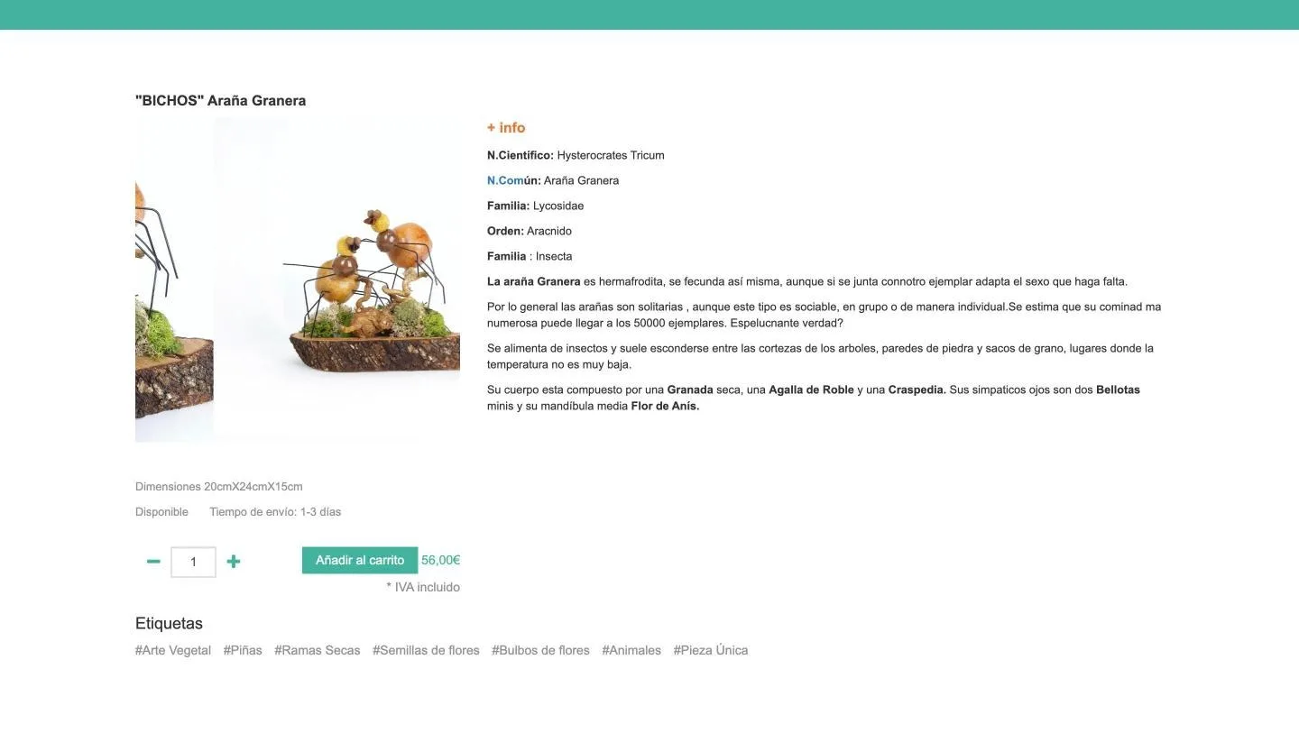 Ficha con dimensiones, disponibilidad, plazo de envío y etiquetas