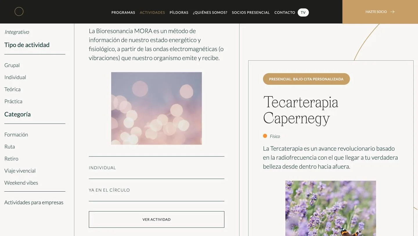 Filtro lateral por cuerpo, tipo de actividad y categoría