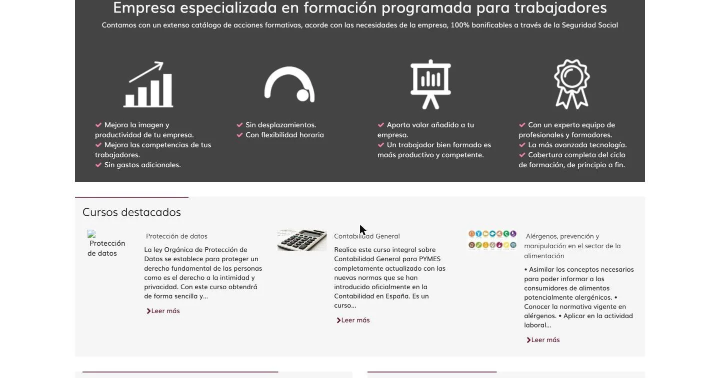 Argumentos de venta y tarjetas de cursos destacados