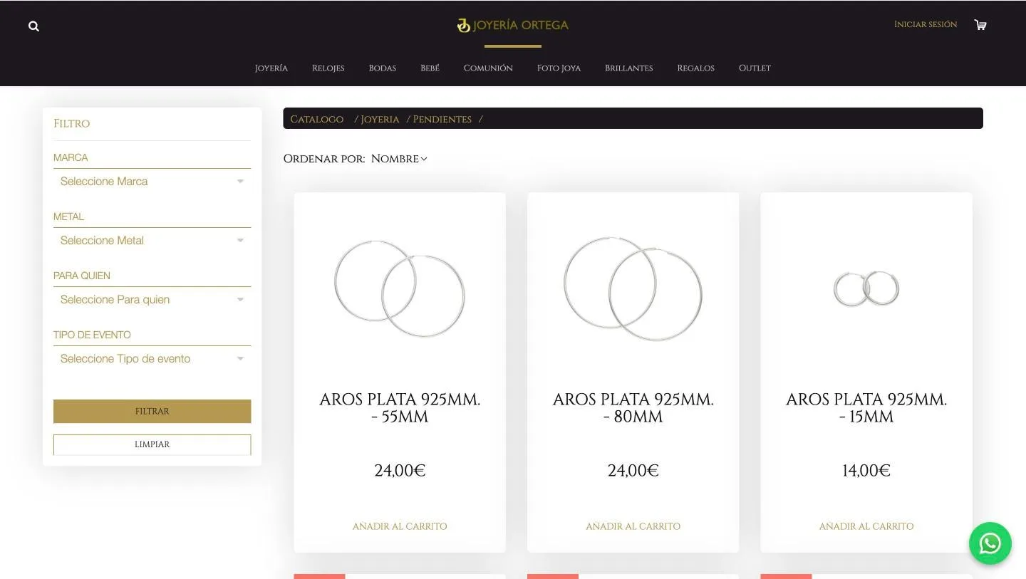 Categoría de pendientes con filtro por marca, metal, destinatario y evento