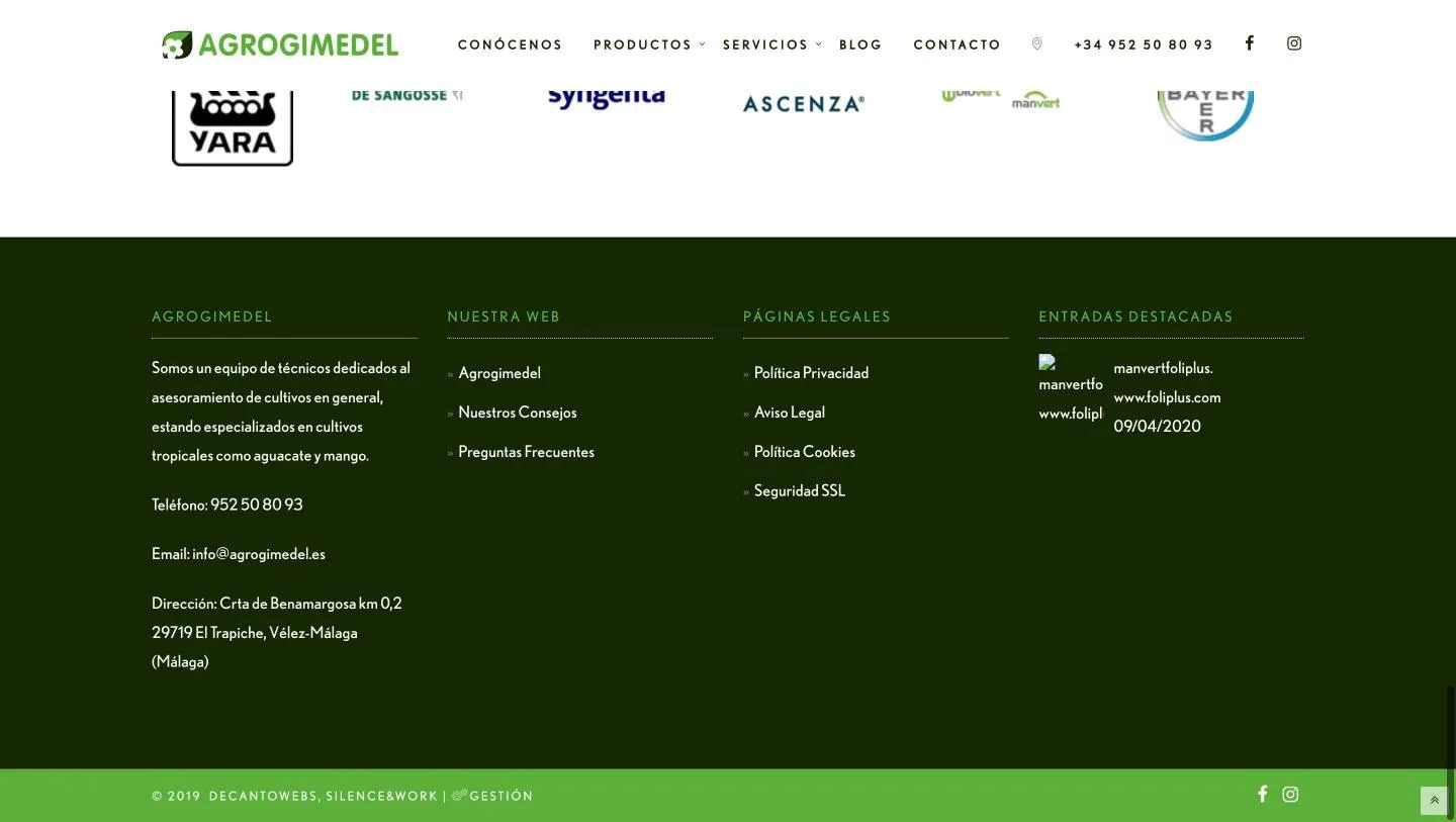 Pie con datos de contacto, páginas legales y entradas destacadas