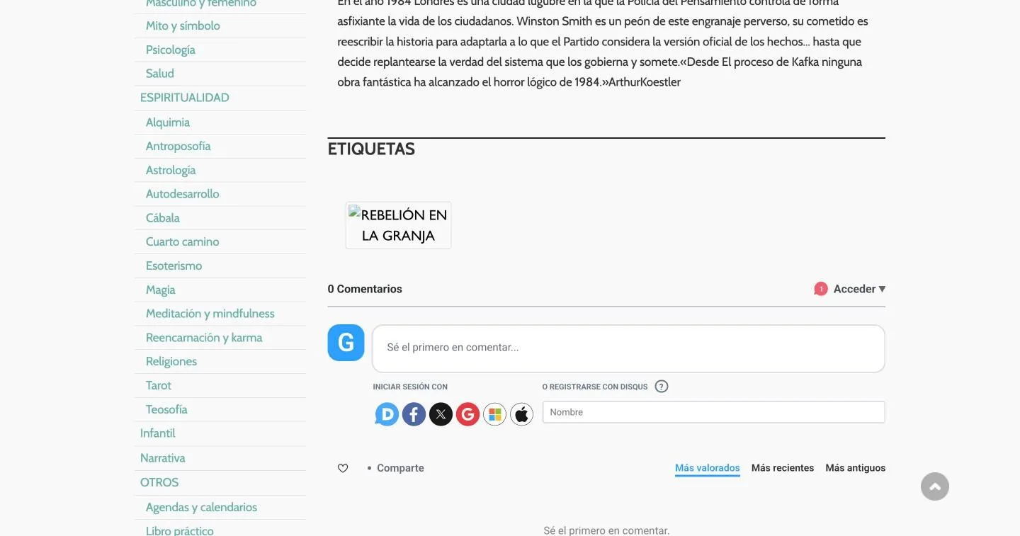 El bloque de títulos relacionados va rotulado «Etiquetas», y debajo carga Disqus