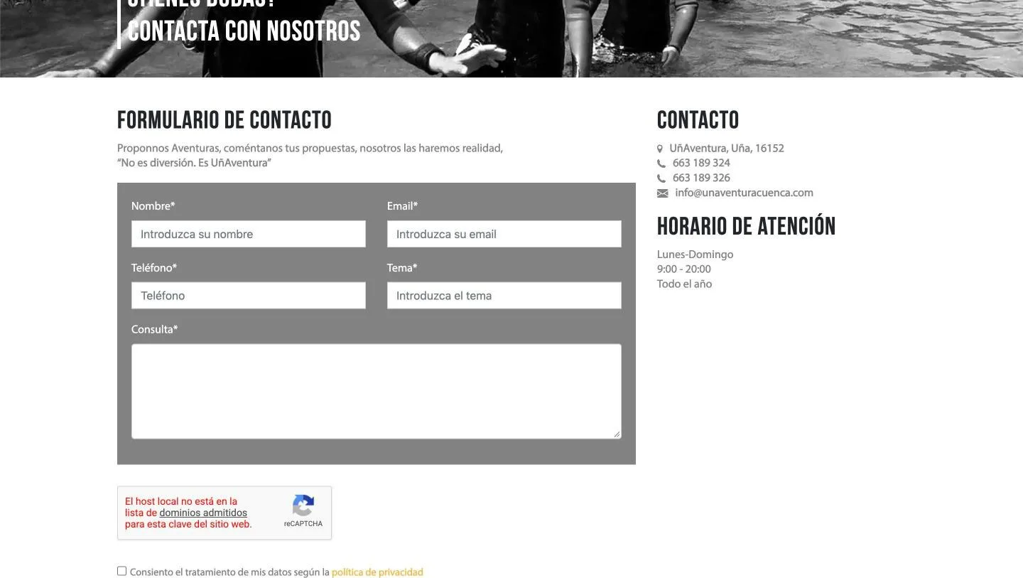 Formulario con reCAPTCHA, consentimiento y horario de atención
