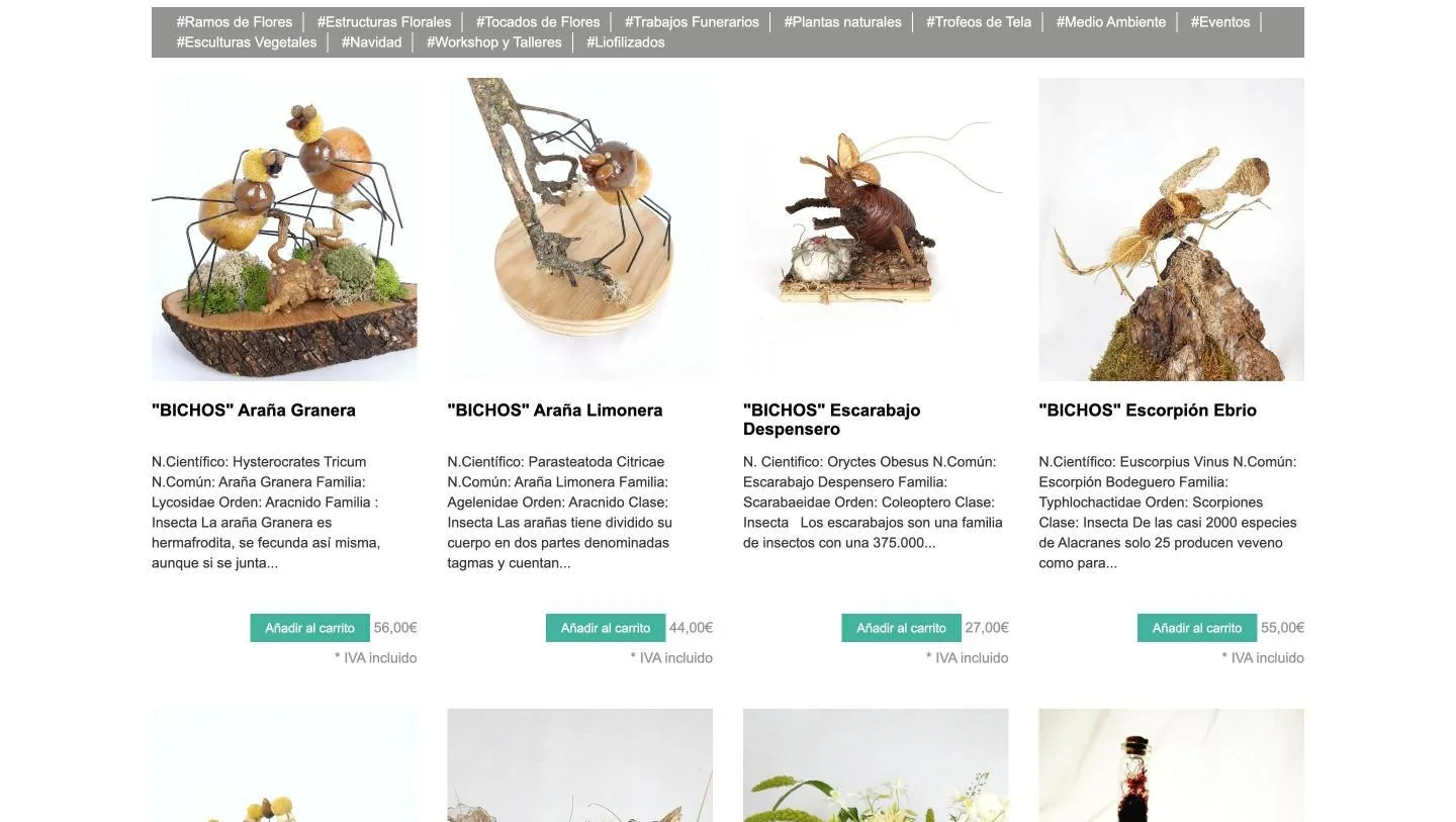 Esculturas vegetales de insectos con su ficha taxonómica