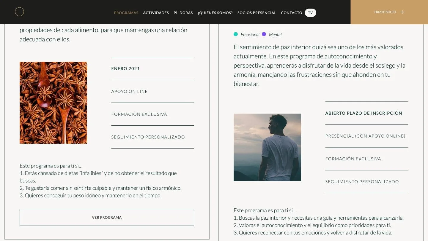 Ficha con fechas, modalidad, seguimiento y bloque «este programa es para ti si…»