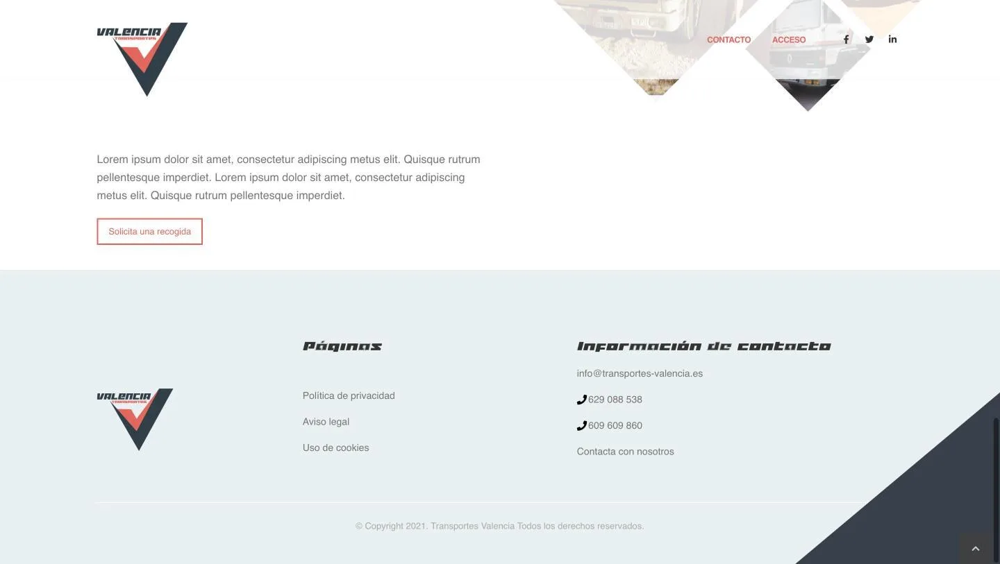 Llamada a la acción «Solicita una recogida» y pie con datos de contacto