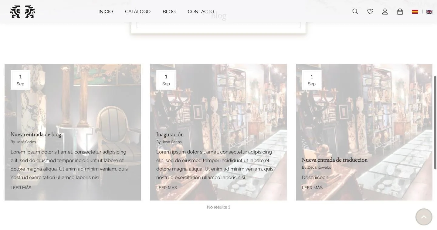 Las tres entradas son pruebas con texto Lorem ipsum, y el listado cierra con «No results :(»