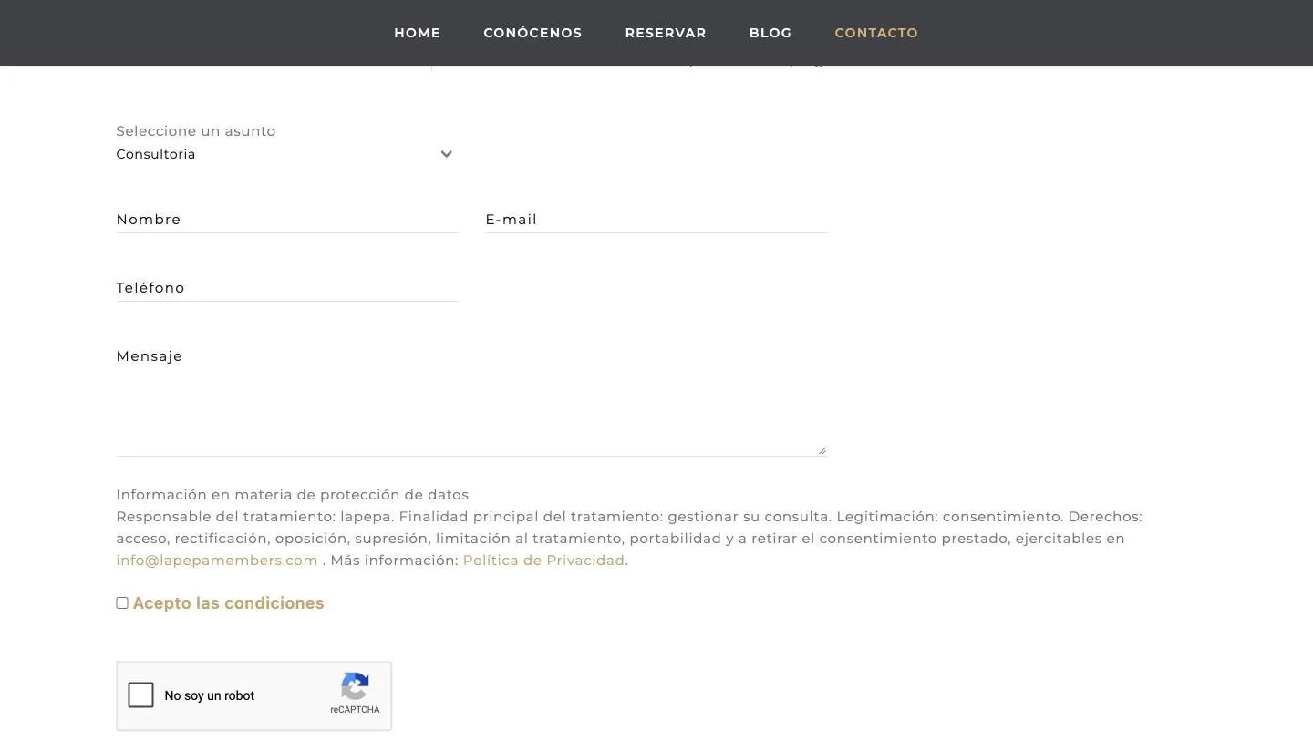 Selector de asunto, información de protección de datos, consentimiento y reCAPTCHA