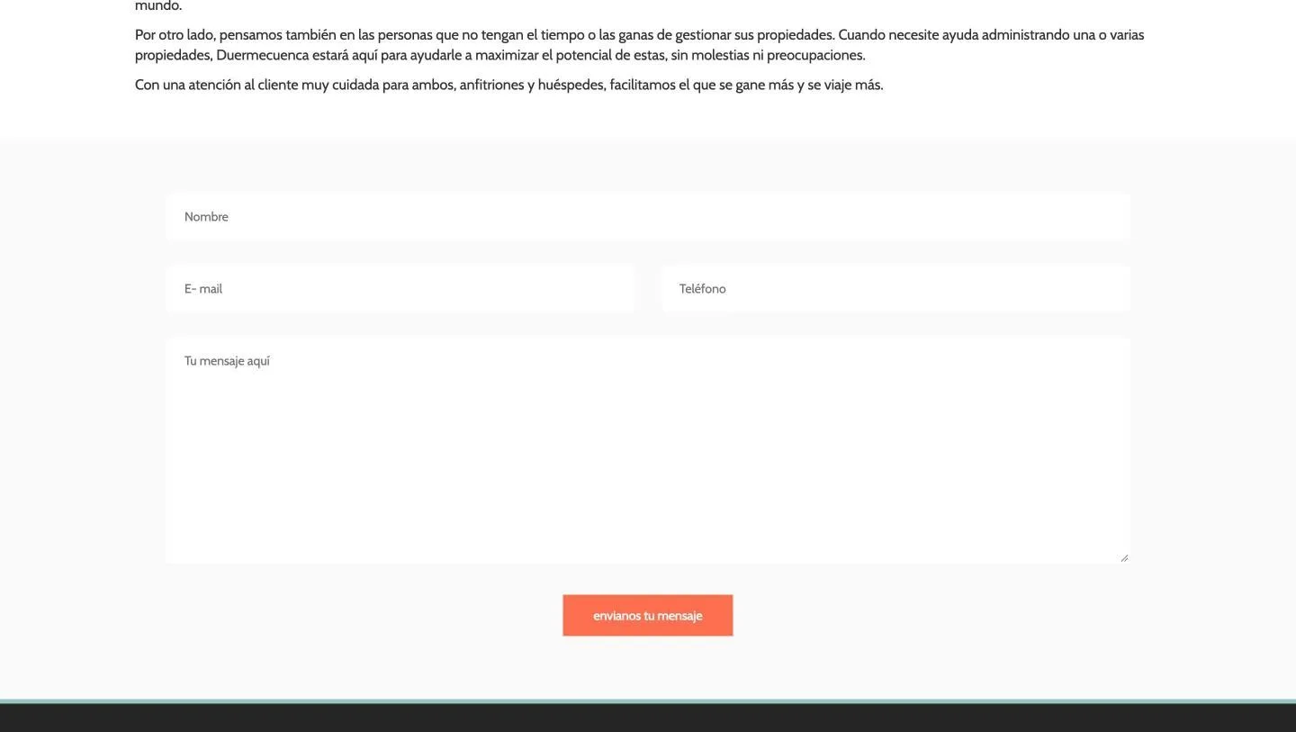 Cuatro campos y el botón «envianos tu mensaje», sin consentimiento ni captcha