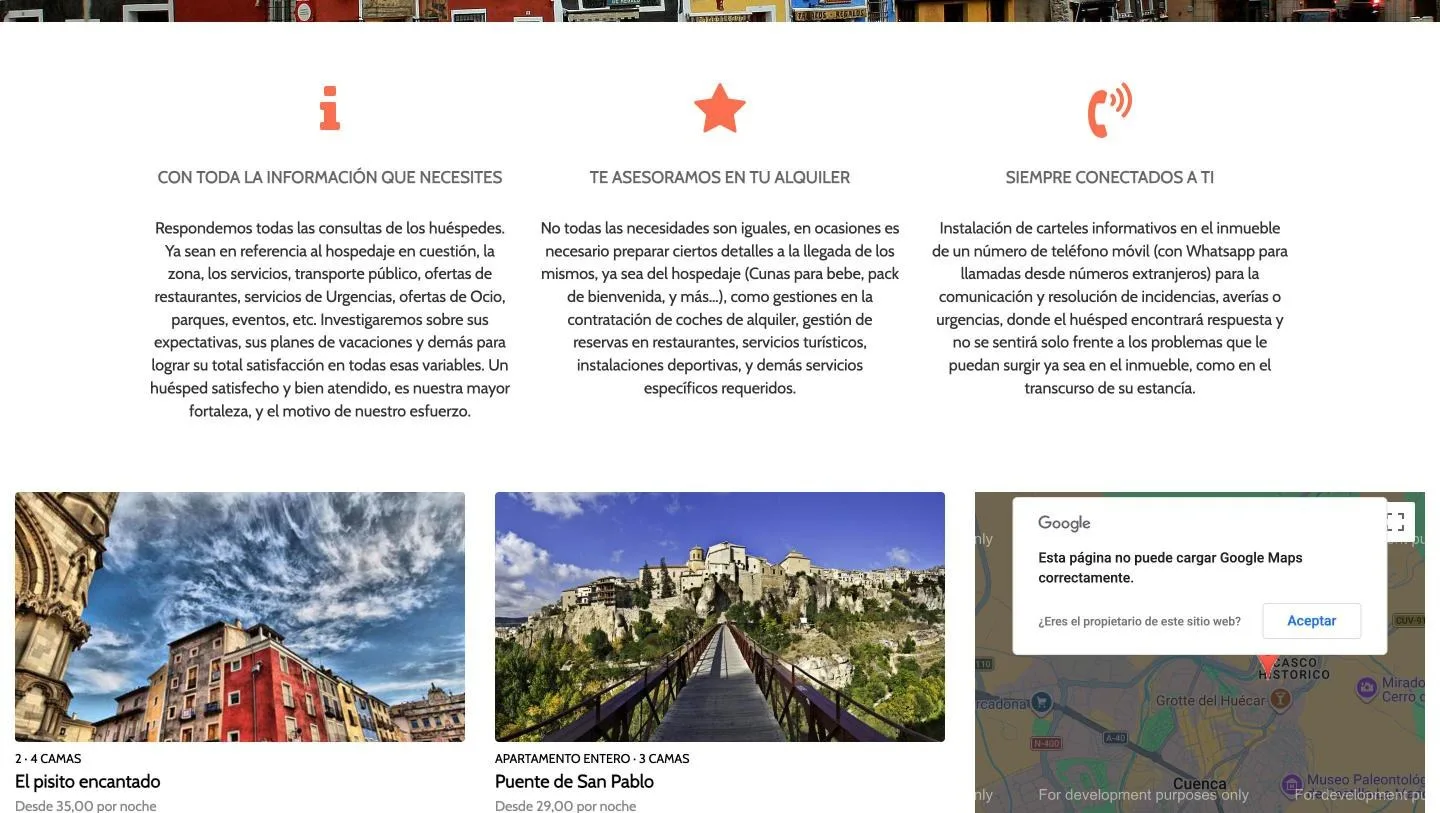 Los tres bloques de atención, con el inicio del listado y el mapa que no carga