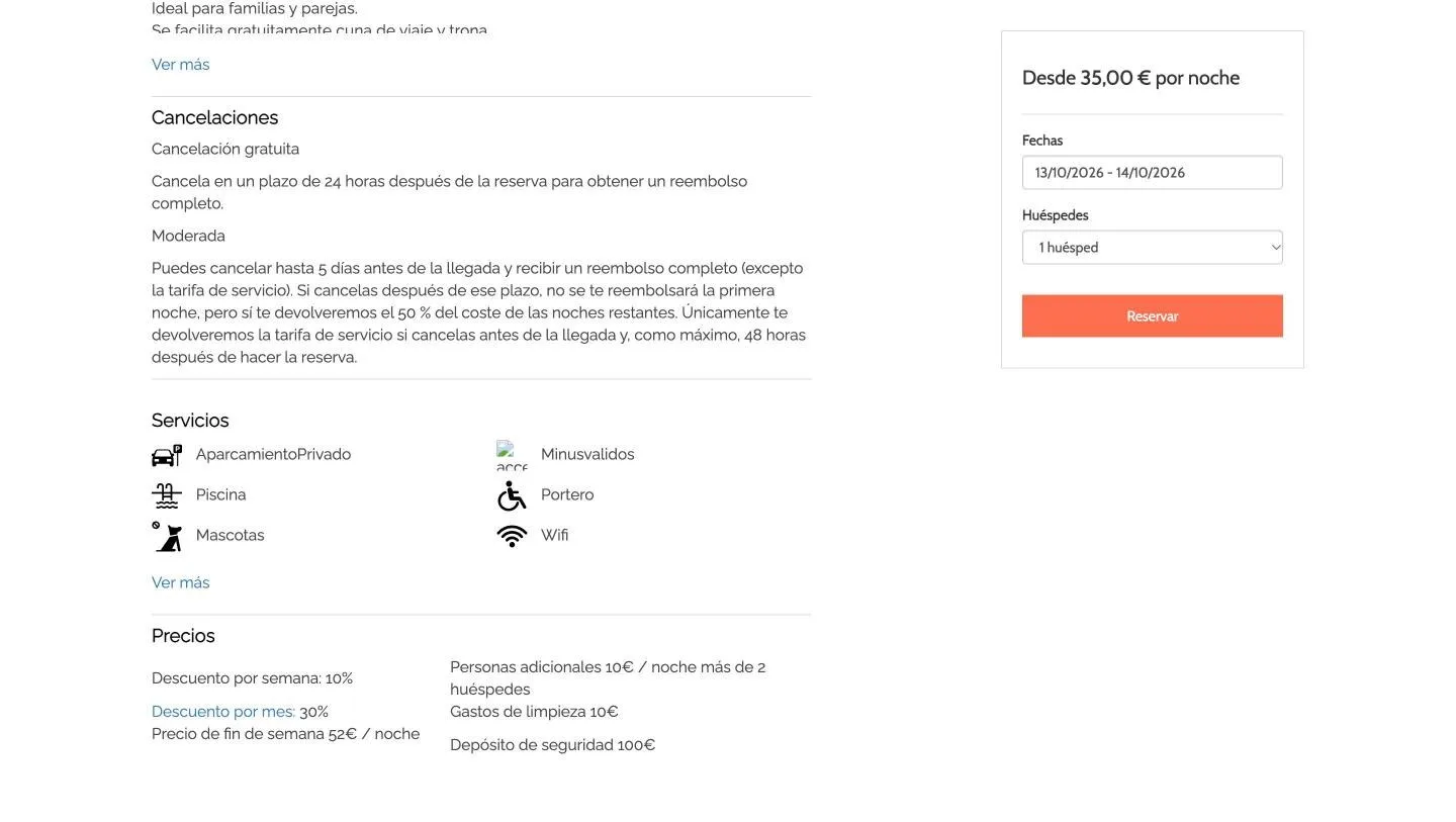 Servicios marcados —piscina, portero, mascotas— junto al detalle de precios y descuentos