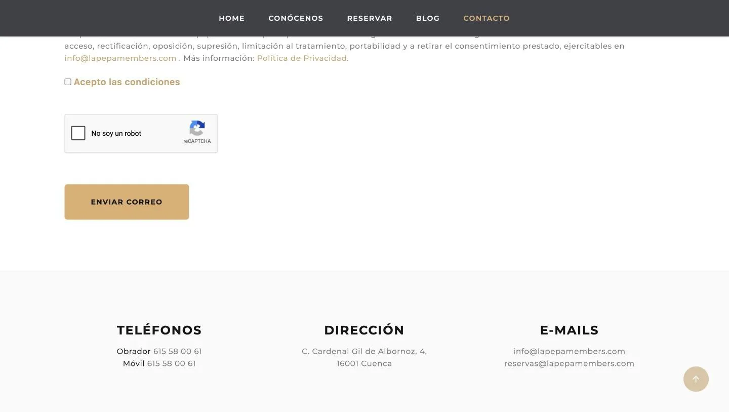 Teléfonos, dirección y los dos correos; obrador y móvil muestran el mismo número