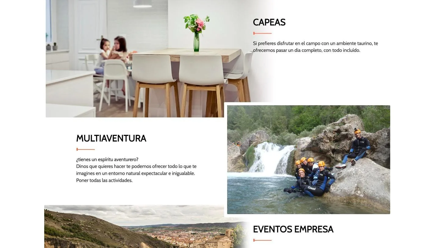 El bloque de multiaventura termina con «Poner todas las actividades.», y el de capeas se ilustra con una cocina