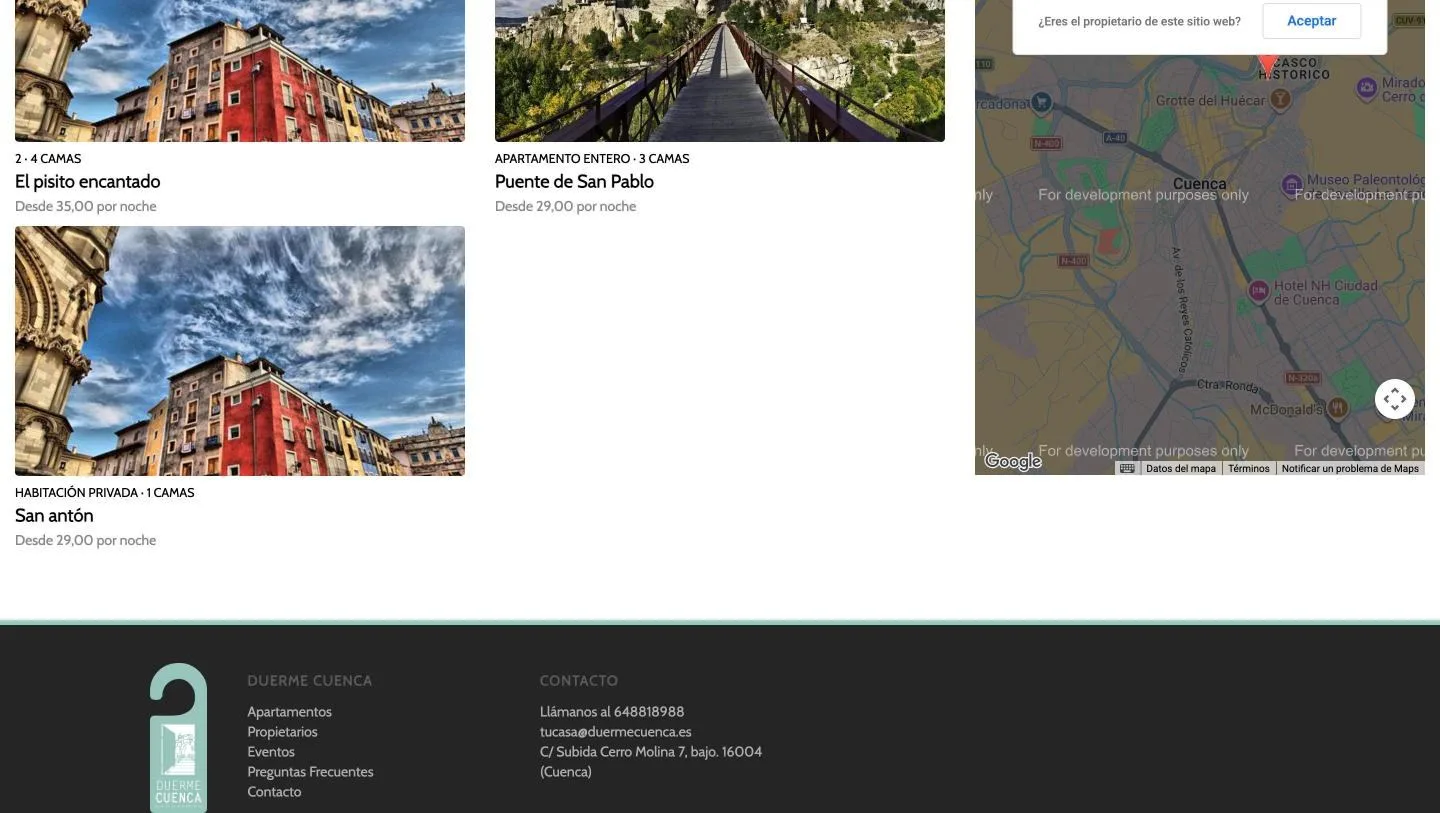 Dos de las tres propiedades comparten fotografía y ninguna muestra el interior; el mapa aparece con la marca «for development purposes only»